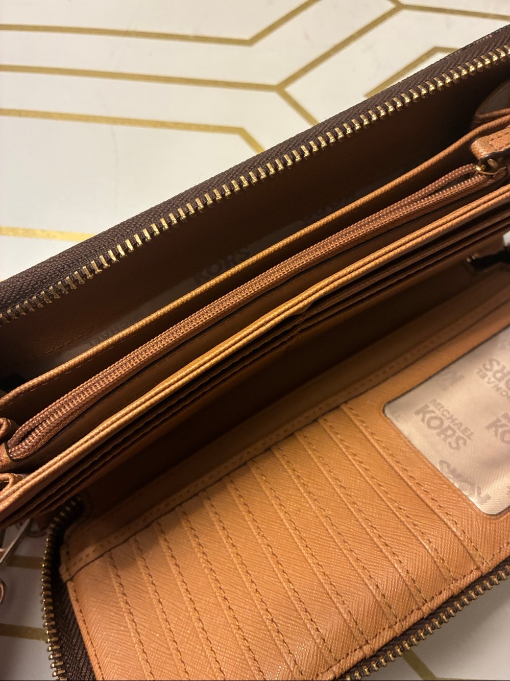 NWOT Michael Kors Dark Brown Logo Zip-Around Wristlet Wallet with Gold Hardware - Picture 10 of 14